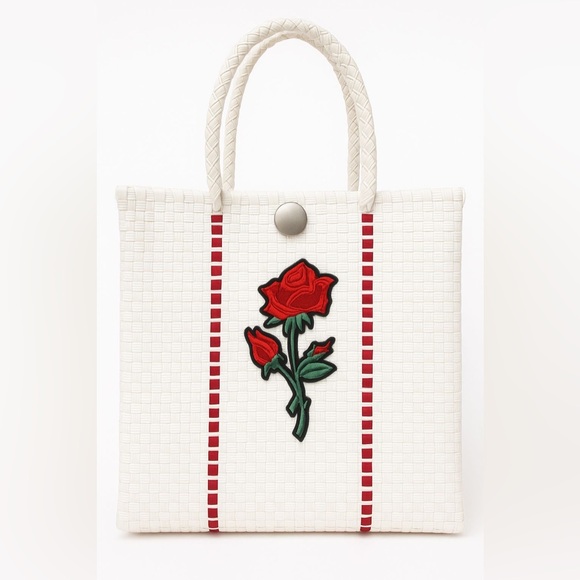 Handbags - Handwoven Mexican Tote Bag with Red Rose Embroidery –White Plastic Handmade